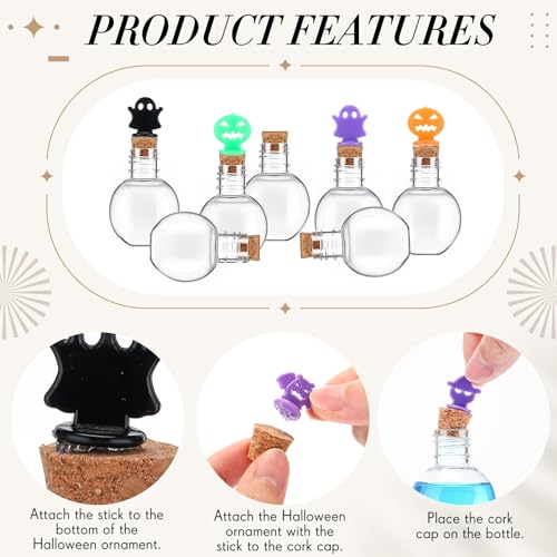 Mini Halloween Potion Bottle Set - 36 Spherical Plastic Decor Jars with Corks - Spooky Party Favors