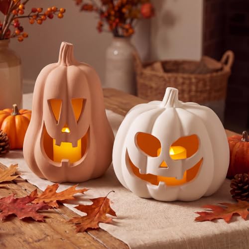 Stylish Halloween Decor Terracotta Jack O Lantern Pumpkins Set - Ghost Carved, 2 Sizes
