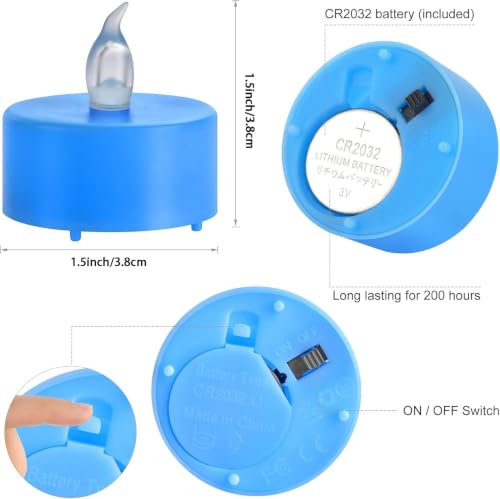 Blue Flameless LED Tea Lights - 24 Pack, Long Lasting Battery, Realistic Flicker for Holiday Decorations