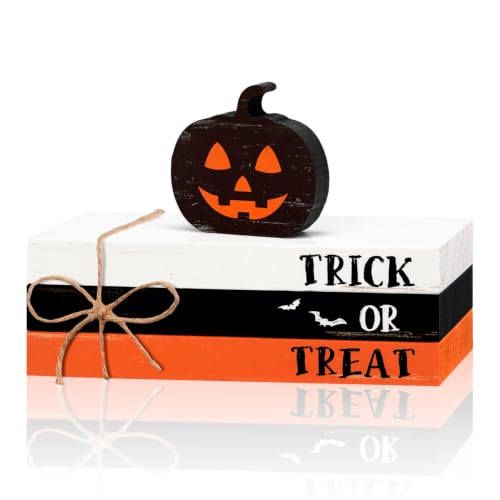 Halloween Wooden Pumpkin Stack with Faux Books - Ghost Pumpkin Variation