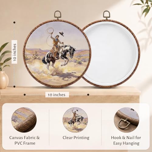 Western Cowboy Round Wall Art Decor 10x10 Inch Framed Print - Rustic Horse Scene