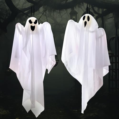 Happy Flying Ghosts Set - 4 pcs 27.5-inch Halloween Hanging Ghost Decorations for Outdoor & Indoor