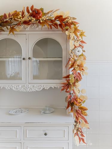White Pumpkin with Red Willow Leaves Fall Garland 6.8FT Autumn Decor for Home Thanksgiving Halloween