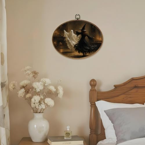 Halloween Ghost Witch Oval Wall Art Canvas Hanging Decor - Dancing1