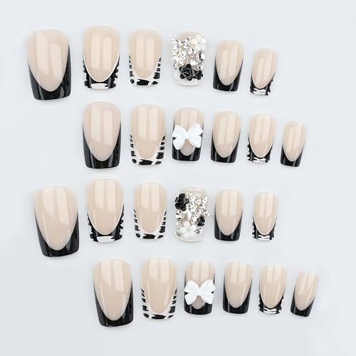 French Tip Press On Nails Short Square with Bow Star Charms Zebra Print Black & White 24Pcs