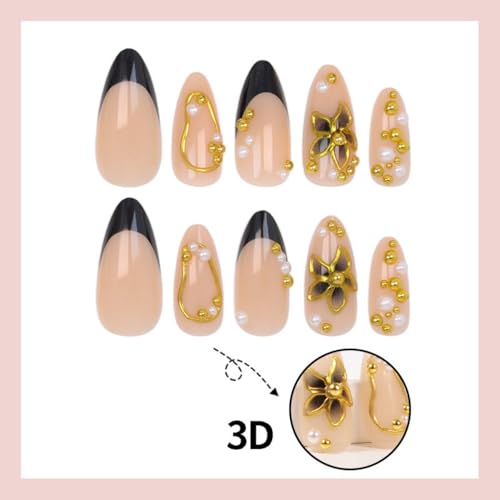 Black French Tips Press On Nails with 5D Flower Charm - Almond, Gold Lines, Pearl, Reusable, 24Pcs - Variation: Color46