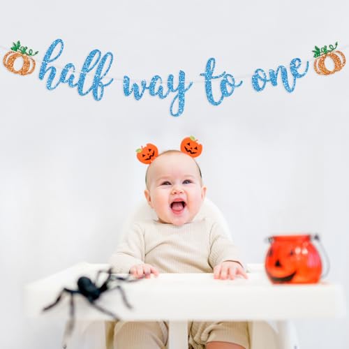 Blue Glitter Pumpkin Half Birthday Banner for Baby Shower & Fall Celebrations