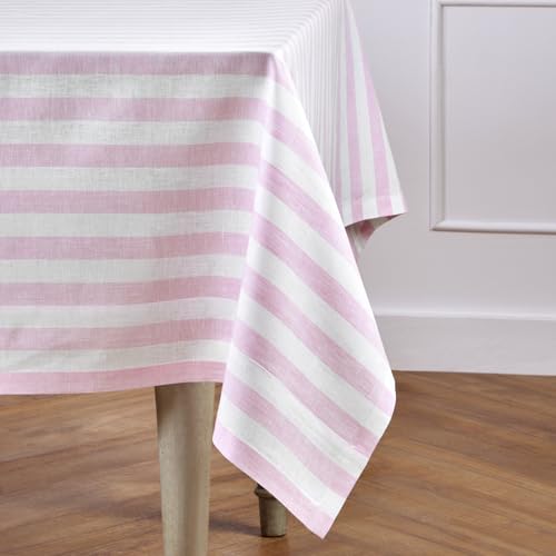 Pure Linen Tablecloth 60 x 108 Inches - Pink & White Striped, Handcrafted