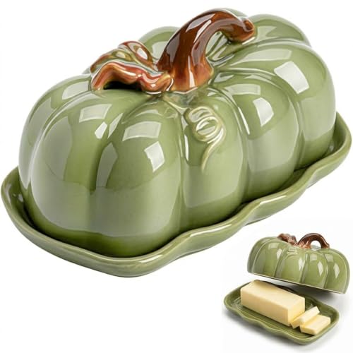 Green Pumpkin Butter Dish Set with Lid - Multi-Purpose Snack Plate for Kitchen & Holidays