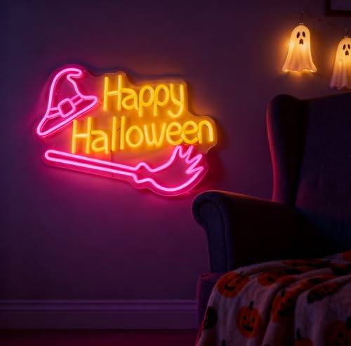 Happy Halloween Neon Sign - Pink Witch Hat & Broom LED Decor - 16.5x11 in - USB Powered - Variation of THIS listing