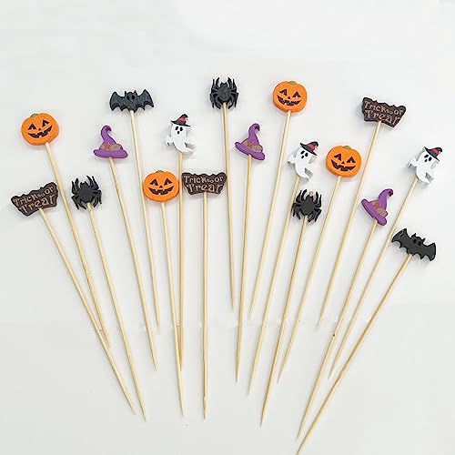 Halloween Cocktail Picks Set - 100 Wooden Skewers with Ghost, Pumpkin, Bat, Spider, Hat, Trick or Treat Designs
