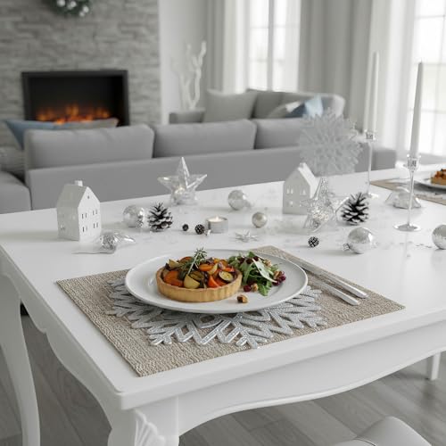 Snowflake Silver Vinyl Placemats Set of 4, 15 Inch Holiday Table Decor
