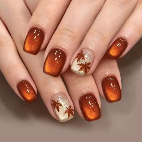 Halloween Thanksgiving Short Square Press-On Nails with Cat's Eye Maple Leaves - 24Pcs Design H01