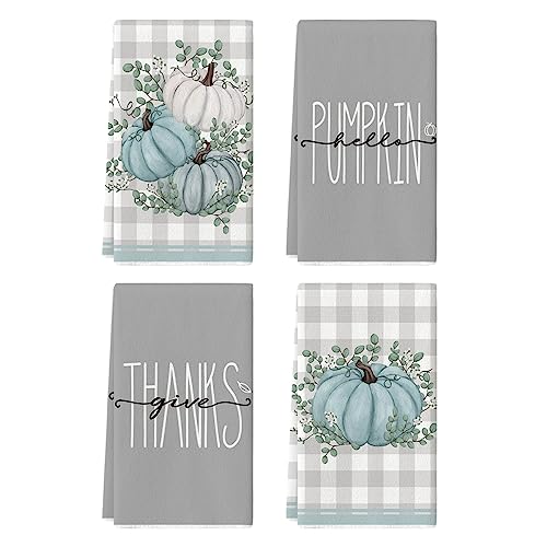 Grey Pumpkin Leaves Fall Kitchen Towels Set of 4 - 18x26 Inches