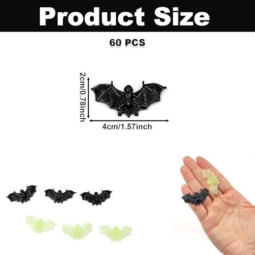 60PCS Halloween Plastic 3D Bat Decorations - Mini Black & Fluorescent Green Ornaments for Parties & Crafts