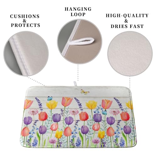Spring Tulip Floral Dish Drying Mat - Reversible Watercolor Kitchen Counter Protector 18x24 Inch