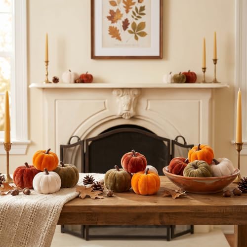 Velvet Mini Pumpkins Decor Set - Fall Thanksgiving Table Accents, 12 Pcs