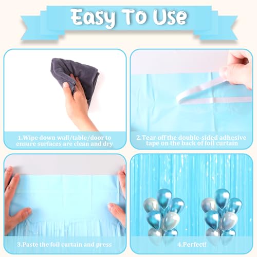 Pastel Blue Foil Fringe Curtain Backdrop - 3 Pack 8.2ft Party Decorations with Variation 16 Pastel Blue