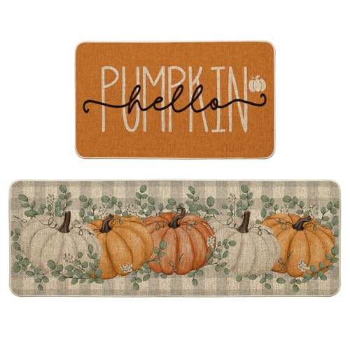 Orange Fall Kitchen Mats Set of 2 - 17x29 & 17x47 Non-Slip Decor