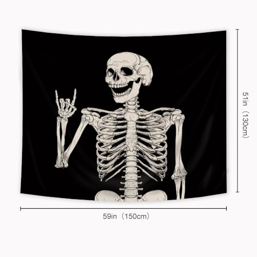 Skull Skeleton Wall Tapestry - Gothic Black & White Halloween Home Decor - 51x59 Inches