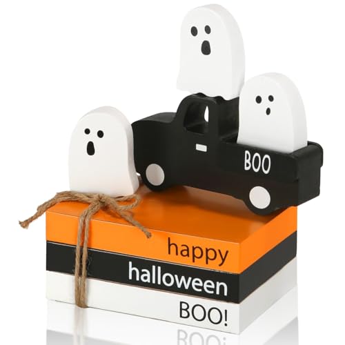 SYNCVIBE Halloween Book Stack Decor with Ghosts and Wooden Truck - Spooky Faux Book Set