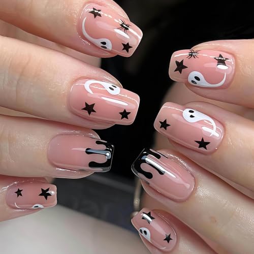 Halloween Press On Nails - Medium Square Ghost Spider Star Style-45