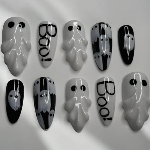 Halloween Fake Nails - Medium Almond 3D Gothic Ghost Design - Variation of THIS listing