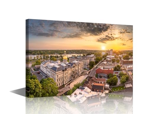 24x16 Inch Trenton City Skyline Canvas Wall Art - Modern Living Room Decor - Framed & Stretched - American Cityscape Wall Art for Bedroom (Variation: 50-Trenton)