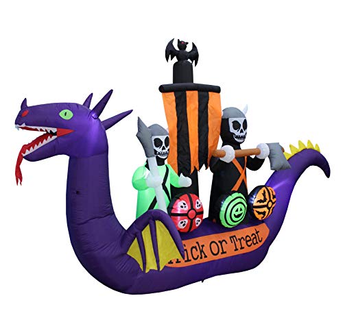 11 Ft Inflatable Halloween Pirate Ship with Dragon Skeletons & LED Lights