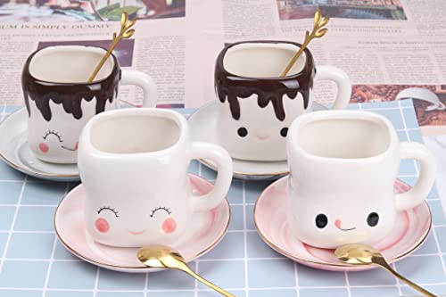 White Marshmallow Mug Set of 4 with Handle - Cute Ceramic Drinkware for Kids & Adults, 6oz