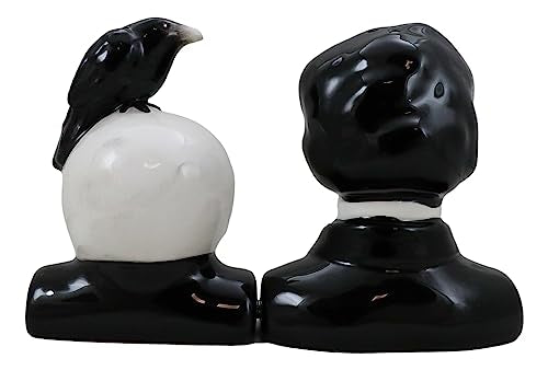 Gothic Edgar Allen Poe & Black Raven Skull Salt & Pepper Shakers Set - Macabre Decor