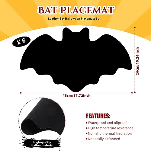 Halloween Bat Placemats Set of 6 - Black Leather Style - Bat / Black