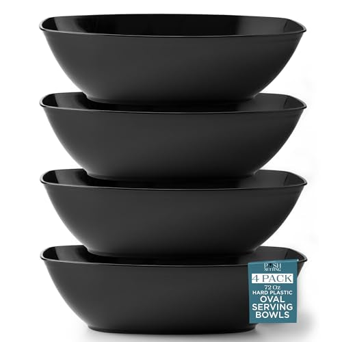 Black Plastic Serving Bowls - 4 Pack Oval Disposable Party Snack & Candy Bowls with Variation