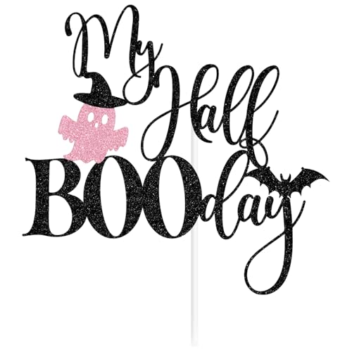 Halloween Half Birthday Cake Topper Pink Glitter Spooky Celebration Decor