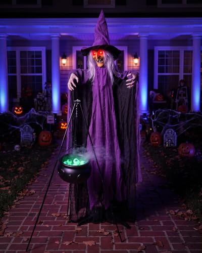 Life Size Halloween Animatronic Witch with Cauldron & Lights - Sound Activated, Spooky Yard Decor