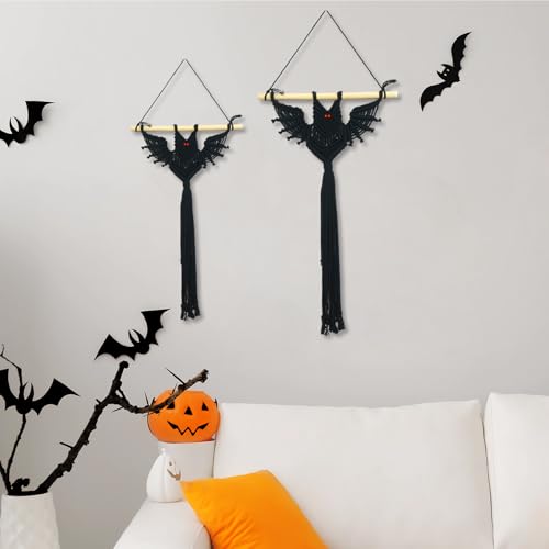 Halloween Black Macrame Bat Wall Hanging - Red Variation, Gothic Spooky Decor