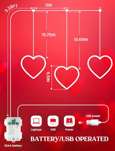Valentine's Day Heart Window Lights - Red 30 LED Battery & USB Powered, Timer