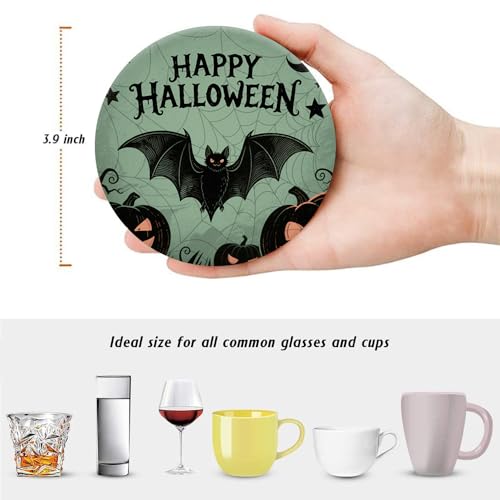 Halloween Round Ceramic Coasters Set of 6 with Holder - Vintage Pumpkin Design