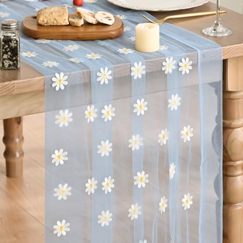 28x120 Inch Sky Blue Daisy Gauze Embroidery Table Runner for Dining & Holiday Decor