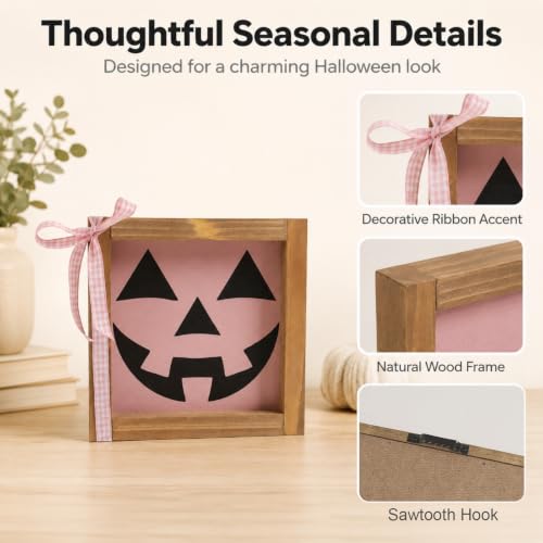 Pink Halloween Decor Pumpkin Face Sign - Pink Face Variation, Rustic Wood Home Table Wall Shelf Decor