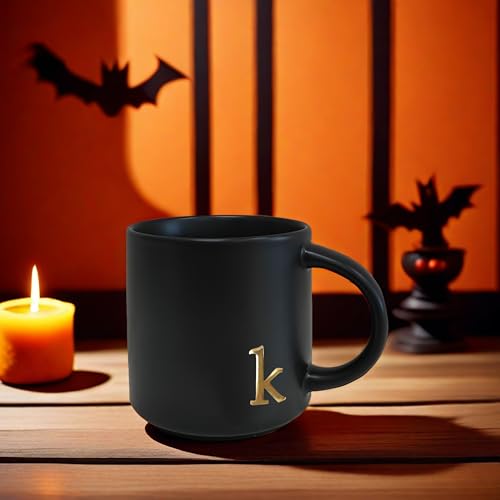 Black Ceramic Coffee Mug 15oz with Gold Monogram - Halloween Gift - Variation K