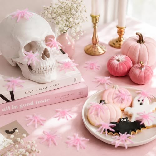 Halloween Mini Pink Fuzzy Spiders Set - 40 Pack for Decorations & Party Favors