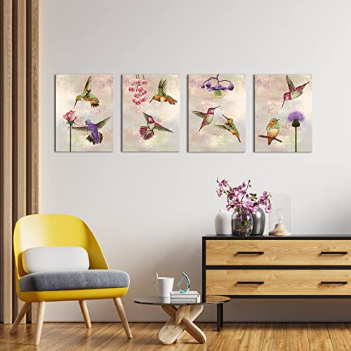 Bird Canvas Wall Art Set - Hummingbird Flower Pictures for Living Room & Bedroom Decor - 4 Pieces, 12x16 Inches