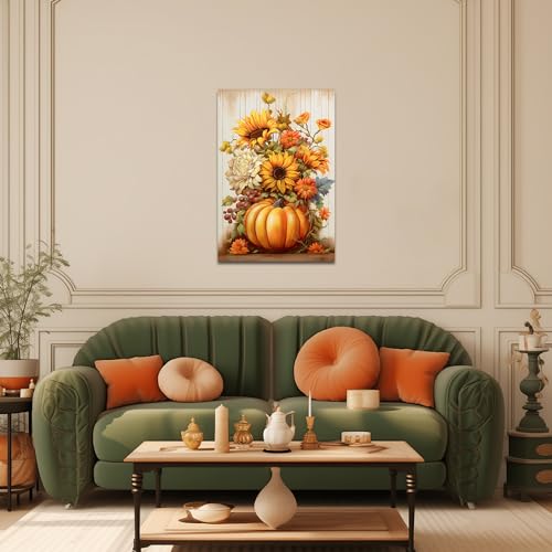 Fall Pumpkin Sunflower Canvas Wall Art - 12 x 18 Inches Thanksgiving Decor V2