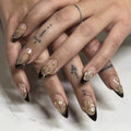 Black French Tip Press On Nails - Gold Lines Design, Medium Almond, Style19