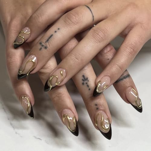 Black French Tip Press On Nails - Gold Lines Design, Medium Almond, Style19