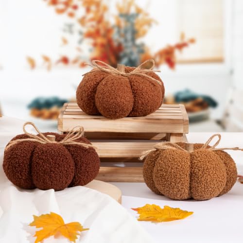 6-Inch Fall Pumpkin Decorations Set of 3 Brown Fabric Pumpkins - Rustic Home Decor