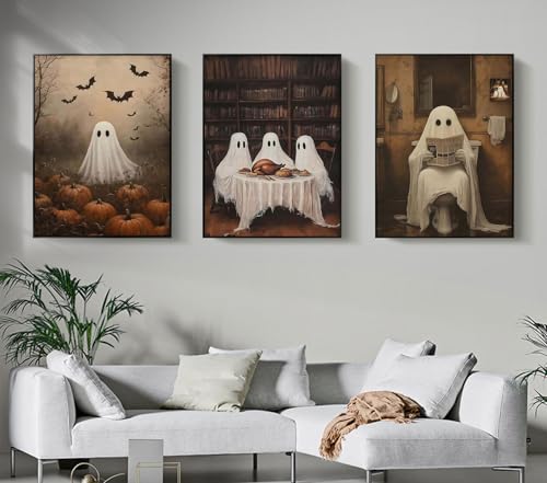 Halloween Ghost Canvas Wall Art Set - Spooky Bathroom Decor, 12x16 Inch Pumpkin Ghost Variation