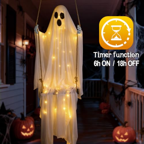 Halloween Decorations Outdoor 4.6FT Hanging Swing Ghost with 8 Light Modes - Yard Porch Decor