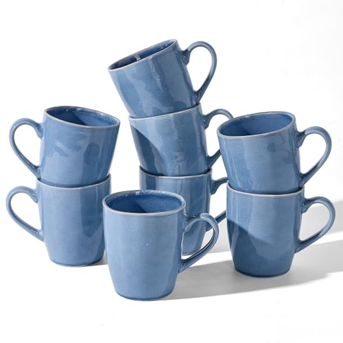 Aurora Blue Coffee Mug Set of 8 - 14oz Stoneware Cups with Handle, Elegant Glaze